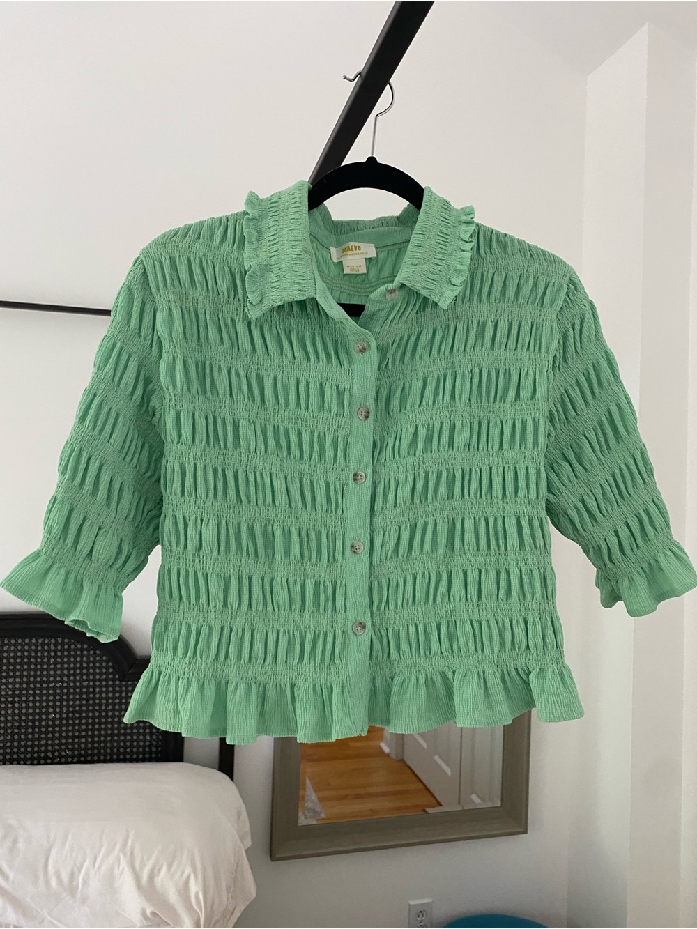 Maeve Anthropologie Bright Green Cropped Ruffled Button-Up Top